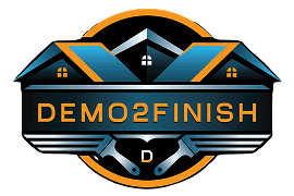 Logo with houses and paintbrushes, "DEMO2FINISH".