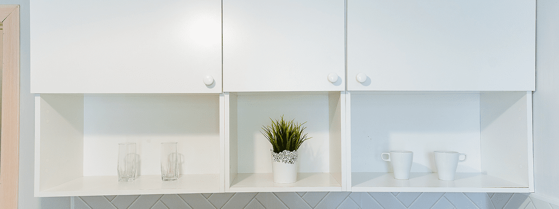 White kitchen cabinets with plant and cups.