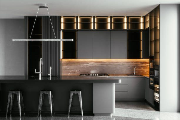 2 Modern kitchen with sleek gray design.