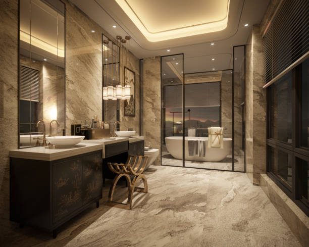 4 Luxurious marble bathroom with elegant lighting.