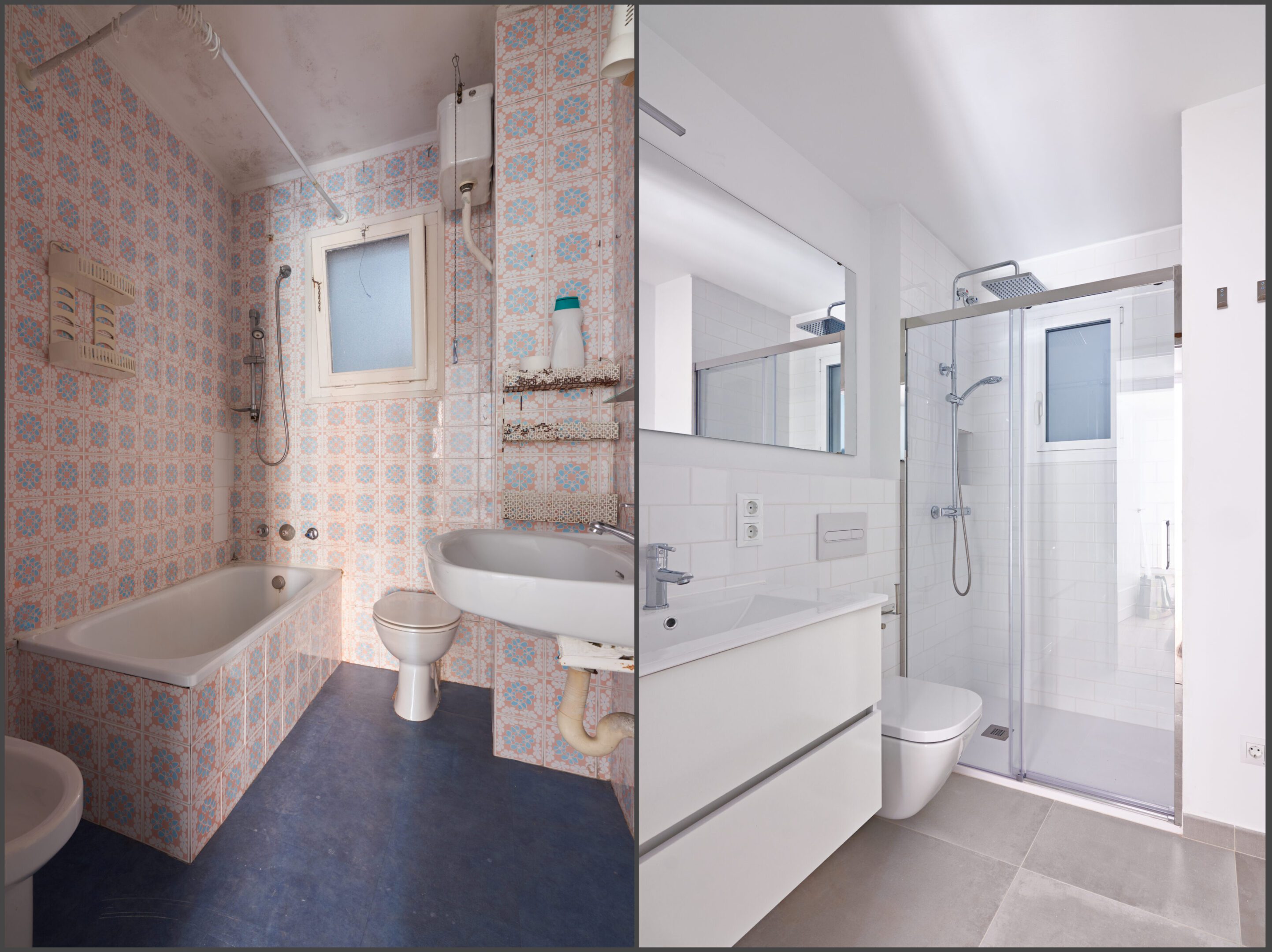 Bathroom renovation before and after comparison.