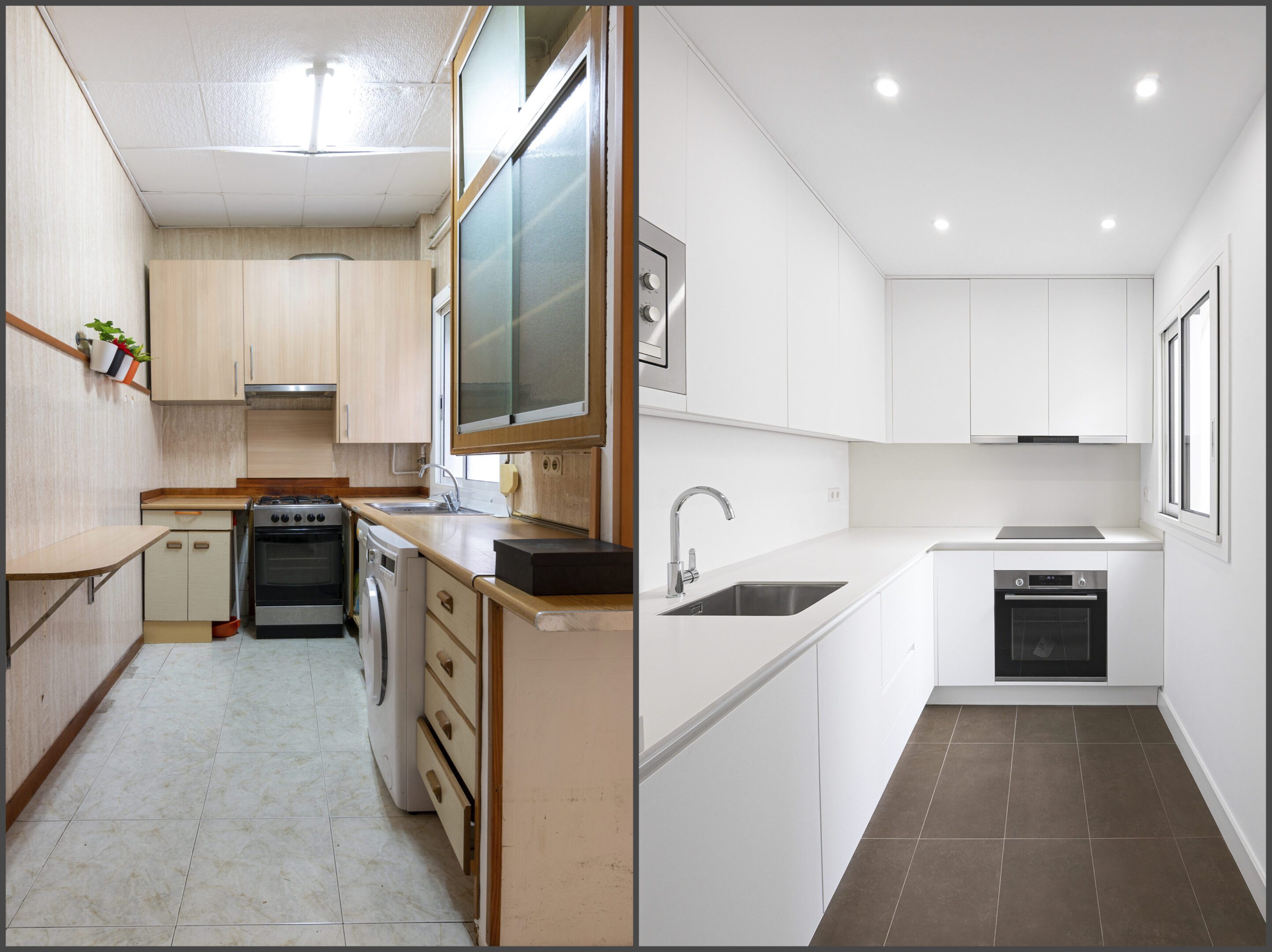 Kitchen renovation before and after comparison.