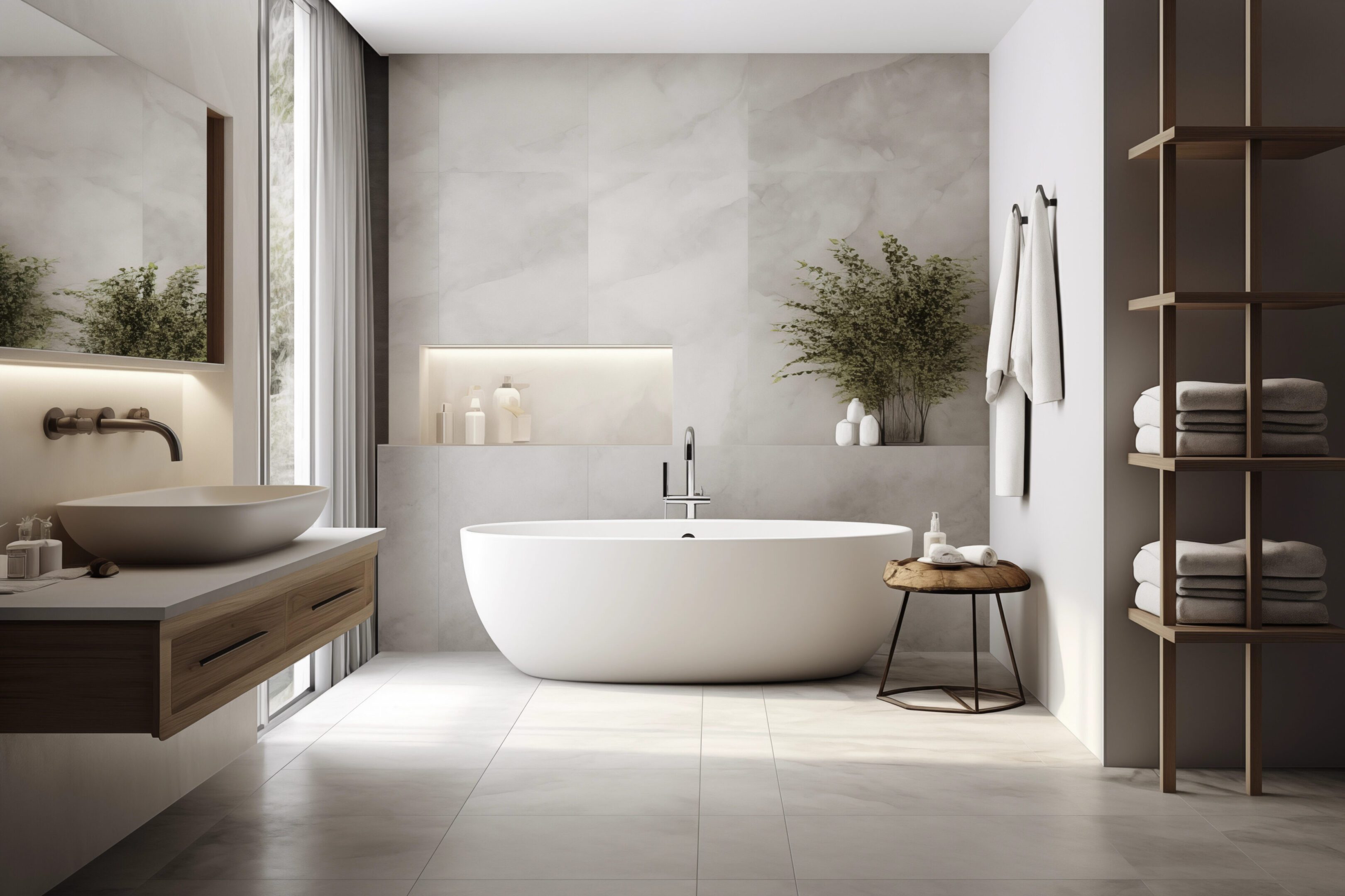 Minimalist bathroom with freestanding tub and plants.