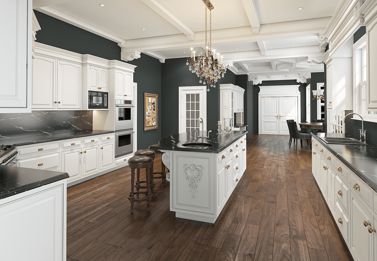 Elegant kitchen with island and chandelier lighting.