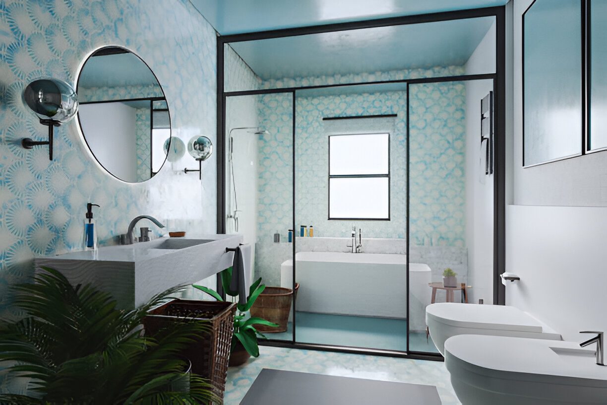 bath11 (1) Modern bathroom with glass shower and plants.