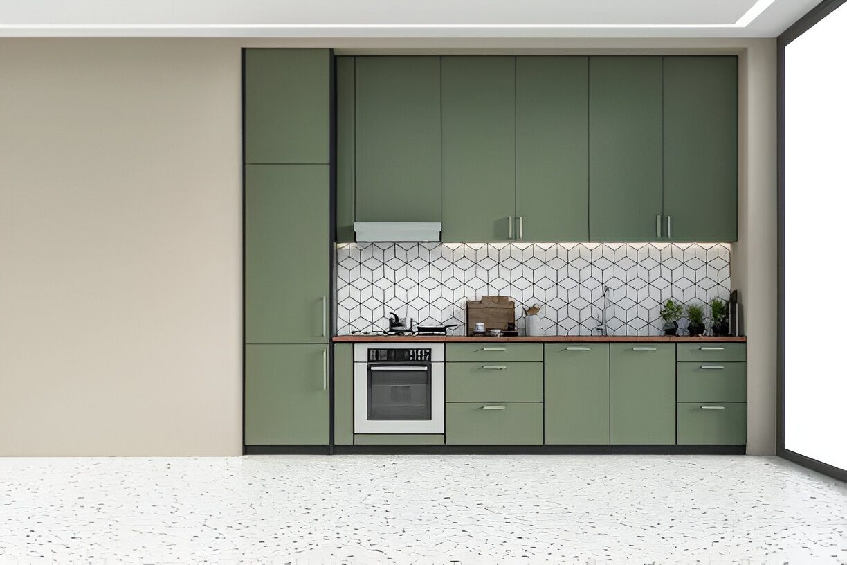kit-12-new Modern kitchen with green cabinets and backsplash.