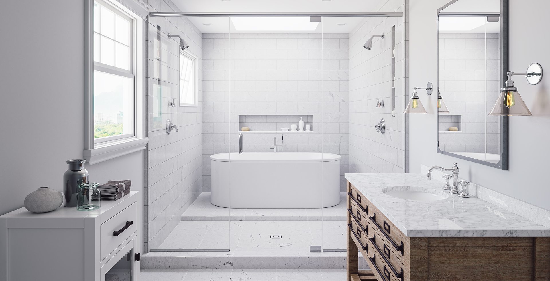 Modern bathroom with bathtub and glass shower.