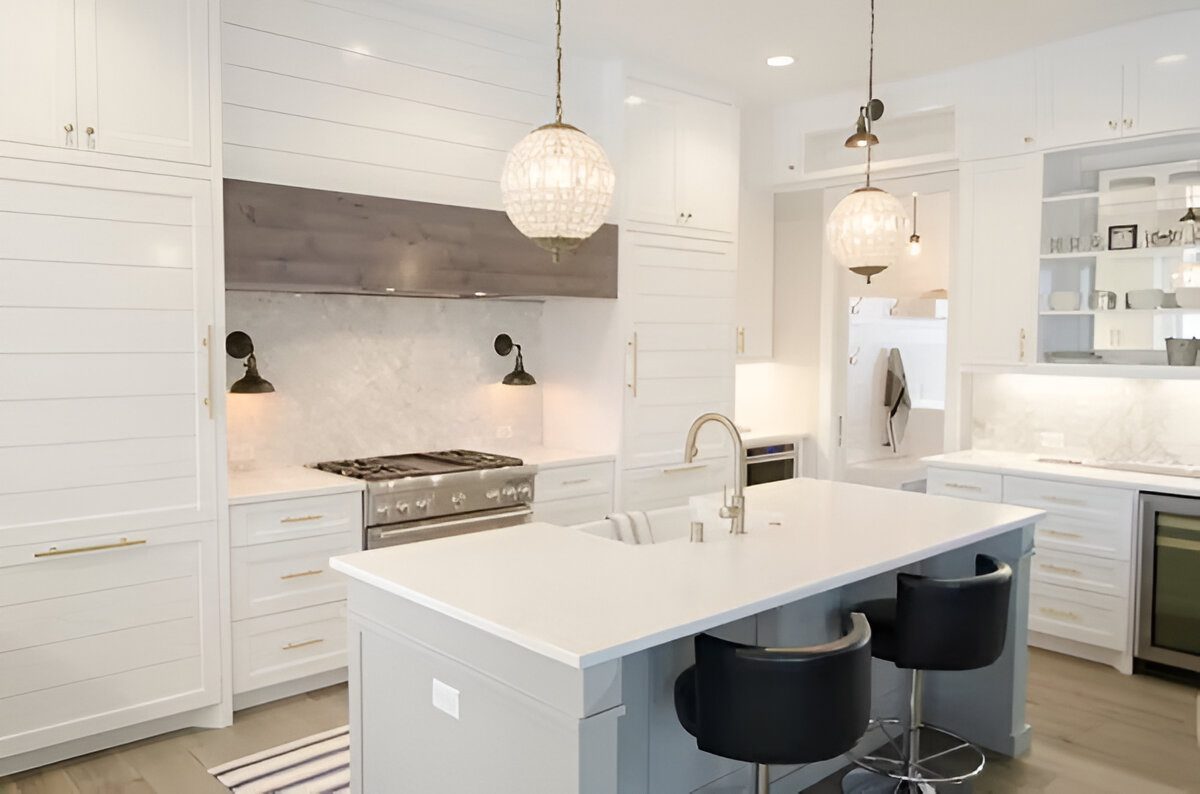 ser-3 Modern kitchen with island and pendant lights.