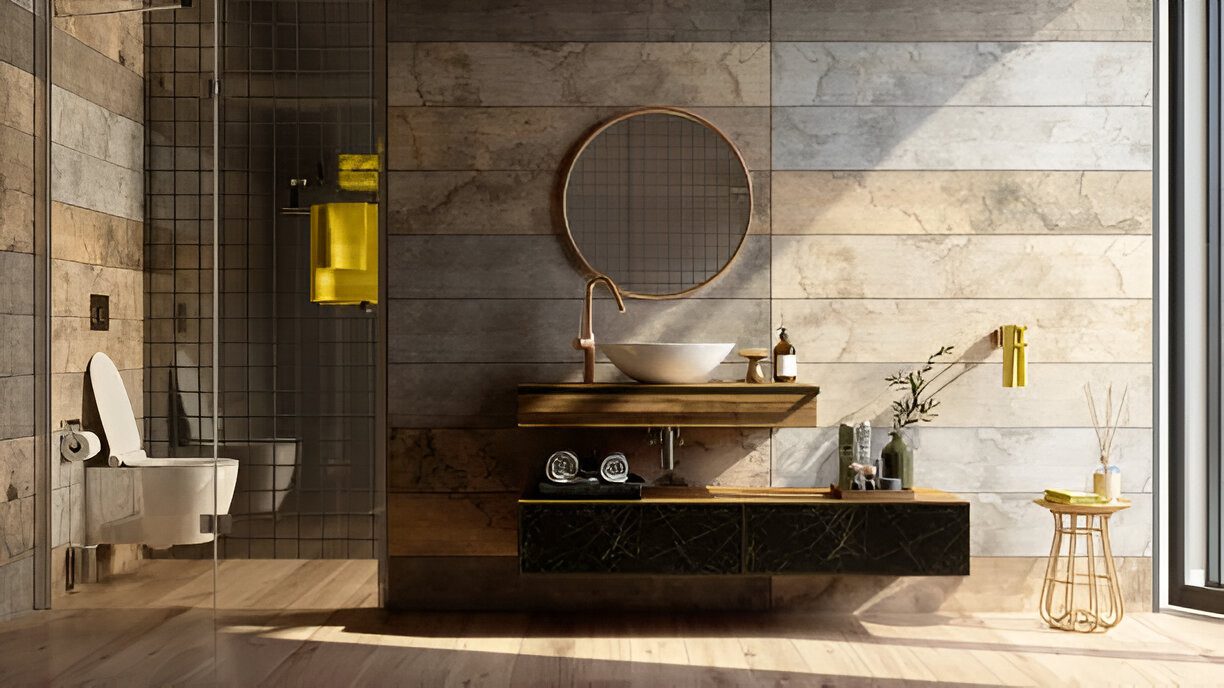 serv-2 (1) Modern bathroom with wooden accents and decor.